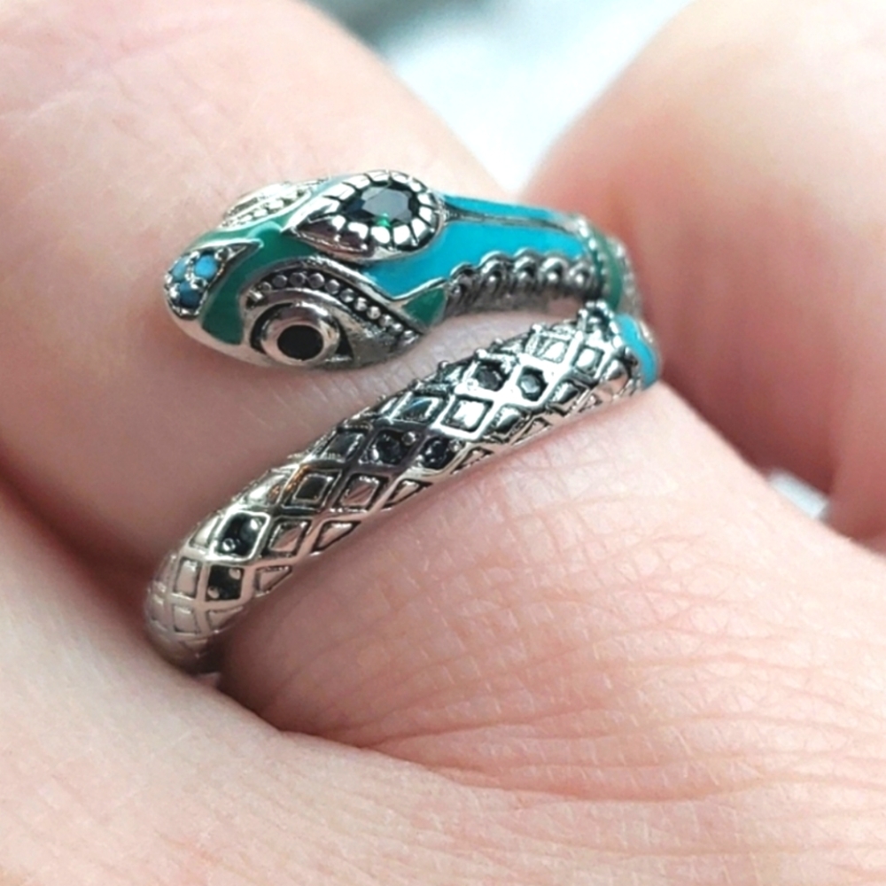 925 STERLING SILVER EMERALD CRYSTAL CZ TURQUOISE ENAMEL SNAKE ADJUSTABLE RING